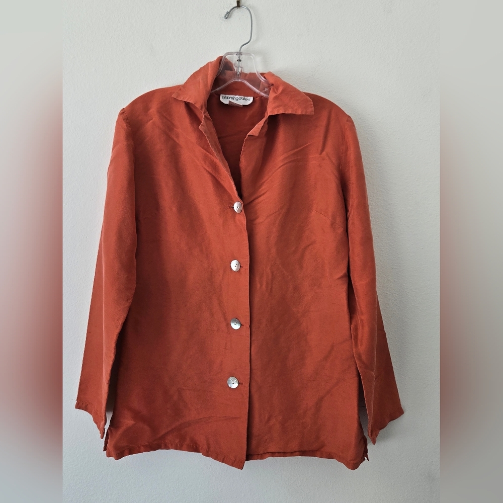Bloomingdale’s Burnt Orange Silk Button Down Blouse Minimalist Top M